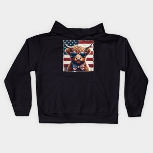 Funny Highland Cow American Flag 4th Of July Kids Hoodie